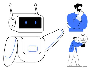 Antenleri olan büyük bir robot, düşünceli bir adam ve parlayan bir ampul tutan bir başkası. Yapay zeka, teknoloji, yenilik, problem çözme, yaratıcılık, gelecekteki kavramlar için ideal. Basit düz metafor