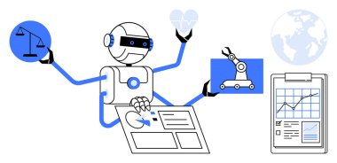 Robot işletim veri analizleri, denge ölçeği ve kalp sembolleri, robotik kol ekranı, dünya, pano. Yapay zeka, yenilik, etik, otomasyon analizleri için ideal küresel bağlantı