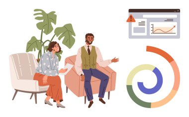 Laptop grafikleri, uyarı sembolü ve dairesel ilerleme çizelgesi üzerinde çalışan iki iş arkadaşı. Takım çalışması, veri, işbirliği, iş büyümesi, verimlilik yeniliği için ideal. Basit düz