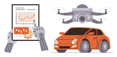 Robot eller veri tabletiyle etkileşime girer, bir gözetleme kuadkopteri havada asılı durur ve turuncu bir araba park halinde durur. Teknoloji, yapay zeka, robot bilimi, otomasyon, yenilik, makine öğrenimi için ideal