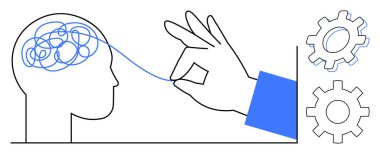 Karmaşık bir beyinden ipliği çeken bir el. Kenarlarında dişliler olan, karmaşıklığı gösteren bir el. Zihinsel sağlık, problem çözme, basitleştirme, berraklık, yaratıcılık, üretkenlik için ideal