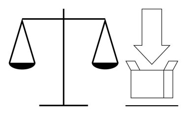 Bir kutuya işaret eden bir okun yanında dengeli ölçekler, karar vermeyi, yargıları, dengeyi, seçimi, adaleti, dağıtımı ve adaleti sembolize eder. İş hukuku etik eşitliği için ideal