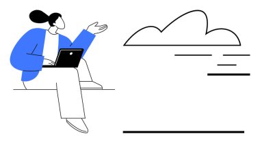 Bir dizüstü bilgisayarla oturmuş, buluta doğru hareket ediyor, bağlantı, iletişim ve beyin fırtınası çağrıştırıyor. Uzak çalışma, bulut hesaplama, işbirliği, yenilik eğitim ekibi için ideal