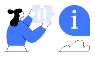 Kadın figürü bulmacayı büyük bilgi işareti ve bulut yakınlarındaki çift okla birleştiriyor. Problem çözme, karar verme, yardım, destek, yenilik, iletişim organizasyonu için ideal. Basit düz