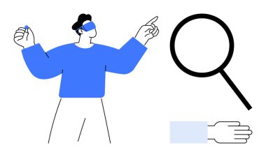 VR kulaklık takan kişi büyütece doğru hareket ederek keşif, araştırma ve yeniliği sembolize ediyor. Teknoloji, bilim, eğitim, arama, analiz, keşif için ideal