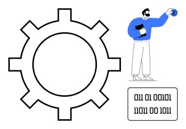 Teknolojiyi temsil eden dişli, veriyle etkileşen figür, ikili kod. Teknolojik çözümler, yenilik, kodlama, mühendislik, otomasyon problem çözme ekip çalışması için ideal. Basit düz metafor