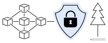 Güvenlik için bir asma kilit kalkanına bağlı blok zinciri ağı, sürdürülebilirliği ve yeniliği sembolize eden bir ağaç ve kalemle birlikte. Teknoloji, güvenlik, ağ, sürdürülebilirlik için ideal