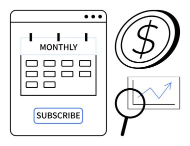 Abone düğmesi, dolar bozuk para, büyüteç ve grafik okuyla takvim arayüzü. Finans, abonelik, planlama, bütçe büyümesi analitik pazarlama için idealdir. Basit düz metafor