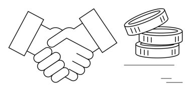 Para yığınının yanında işbirliğini simgeleyen tokalaşma, müzakere, ortaklık, takım çalışması, başarı, yatırım, anlaşma ve güveni simgeliyor. Ticari finans sözleşmesi için ideal