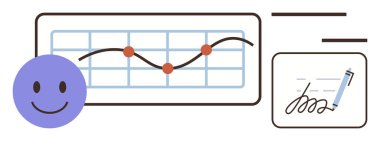 Veri noktaları ve imzası olan bir büyüme grafiğinin yanında mutlu bir yüz. Başarı, analitik, pozitiflik, anlaşma, verimlilik, katılım, ilerleme için idealdir. Basit bir düz metafor.