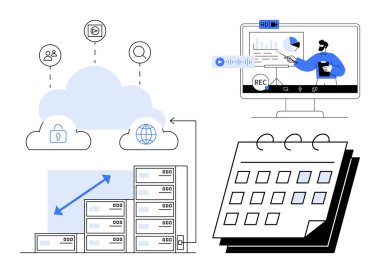Bulut depolama, sanal paylaşım, birbirine bağlı sistemler, veri sunumu ve zamanlama aracı ile webinar. Bulut hesaplama, uzaktan çalışma, ağ oluşturma, işbirliği planlaması için ideal