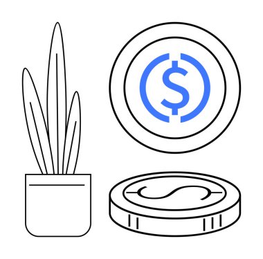 Bozuk para yığını, dolar işareti ve büyümeyi, sürdürülebilirliği ve finansal başarıyı gösteren saksı bitkisi. Finans, yatırım, işletme yönetimi, tasarruf planlama zenginliği için ideal