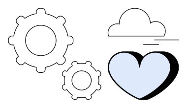 İki basit vites biçimi, yumuşak mavi bir kalp ve hareketi temsil eden çizgileri olan yüzen bir bulut. Takım çalışması, teknoloji, verimlilik, pozitiflik, yenilik ve yaratıcılık için ideal. Basit.