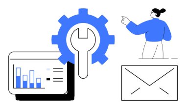 İngiliz anahtarı ile analitik gösterge paneli, e-posta zarfı ve iş akışı ve verimlilik için bir kişi. Üretkenlik, takım çalışması, araçlar, yönetim, verimlilik, sorun çözme asgari düzeyde