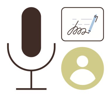 Mikrofon, kalemle imza, ve kullanıcı simgesi ses kaydı, kimlik doğrulama ve kimlik simgesi. Güvenlik, iletişim, kimlik doğrulama, dijital teknoloji iş akışı gizliliği için idealdir.