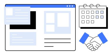 Dijital arayüz proje planlamasını sembolize eder, takvim zamanlamayı vurgular ve el sıkışma takım çalışmasını iletir. Zaman yönetimi, iş akışı verimliliği, ortaklıklar, verimlilik, programlama için ideal