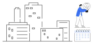Minimalist şehir manzarası, elinde büyük bir ampul, küçük bir takvim tutan insan. Yenilikçilik, kentsel planlama, yaratıcılık, gelecekteki şehir kavramları, strateji vizyonu iş geliştirme için idealdir. Basit düz