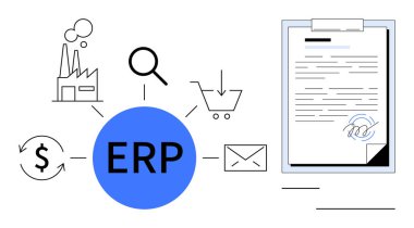 Merkezde ERP var. Fabrika, alışveriş arabası, dolar sembolü, belge, büyüteç. İş bütünleşmesi, süreç yönetimi, iş akışı optimizasyonu, veri merkezileştirmesi için ideal