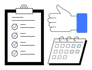 İşaretli listeli pano, işaretli tarihli takvim ve onay için baş parmak hareketi. Planlama, organizasyon, üretkenlik, takım yönetimi, teslim tarihleri, iş başarısı için idealdir.