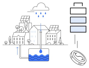 Güneş panelleri olan kentsel evler, depolama tankı ve su geri dönüşüm sistemine yönlendirilmiş yağmur suyu topluyor. Sürdürülebilirlik, su yönetimi, temiz enerji, koruma ve yeşil yaşam için ideal