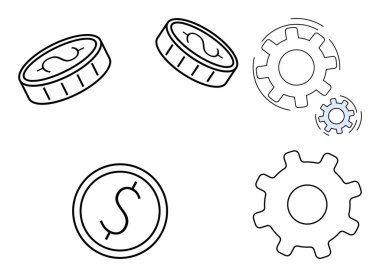 Dolar işaretli sikkeler ve dönen vitesler ekonomiyi, finansmanı, verimliliği ve işbirliğini simgeliyor. İş, bankacılık, yatırım, otomasyon, iş akışı verimliliği ve strateji için ideal