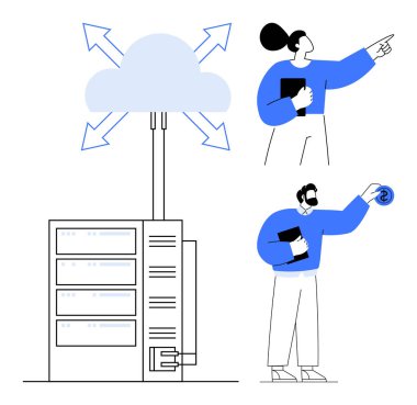 Oklu bulut sunucusu, iki profesyonel cihaz ve sembollerle veri erişimini tartışıyor. Teknoloji, takım çalışması, veri depolama, bulut hesaplama, yenilik, ağ oluşturma, profesyonel