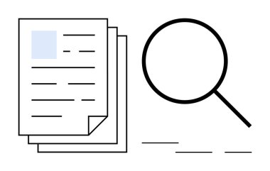 Birikmiş kağıtlar ve büyük büyüteç belge incelemesi, araştırma ya da veri aramasını temsil ediyor. Organizasyon, analiz, soruşturma, doğrulama, iş akışı, verimlilik ve uyum için ideal
