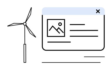 Görüntü ve metin ile dijital arayüzün yanında rüzgar türbini. Sürdürülebilirlik, yenilenebilir enerji, yeşil teknoloji, çevre bilinci, yenilik, çevrimiçi araçlar, temiz enerji için idealdir. Basit düz