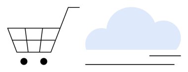 Bulutların yanında alışveriş arabası, online alışveriş, e-ticaret ve bulut depolamayı sembolize ediyor. Teknoloji, perakende satış, yenilik, kolaylık, sanal hizmetler ve pazarlama temaları için ideal