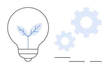 İki dişlinin yanında, sürdürülebilirliği, ekolojik yeniliği, enerji verimliliğini ve yeşil teknolojiyi sembolize eden yapraklı bir bitki içeren ampul. Konseptler için ideal çevre, tasarım, endüstri