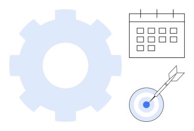 Verimlilik için vites, takvim için takvim ve hedefe ulaşmak için ok ile hedef. Zaman yönetimi, üretkenlik, takım çalışması, strateji, hedef belirleme, proje planlaması için ideal