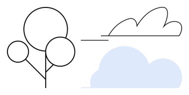 Yuvarlak çizgili siyah ağaçlar, mavi bulut, soyut asgari çizgiler. Doğa için ideal, basitlik, çevresel farkındalık, çevre dostu, açık hava temaları modern sanat uyumu. Basit.