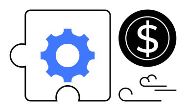Vites bulmacası parçası ve dolar parası takım çalışmasını, süreçleri ve değer yaratmayı gösteriyor. Uçuş çizgileri hız öneriyor. Strateji, yenilik, iş, finans, teknoloji optimizasyonu için ideal