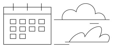 Bulutların yanında ızgara biçiminde takvim. Program, planlama, organizasyon, verimlilik, zaman yönetimi, gelecek planlama, hava durumu için ideal. Basit düz metafor
