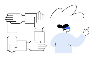 Birbirine bağlı eller, sanal gerçekliği kullanan bir figürün yanında birleşmeyi sembolize eden bir kare oluşturuyor. Takım çalışması, teknoloji, işbirliği, yenilik, sanal keşif, yaratıcılık, gelecekçilik için ideal