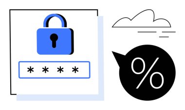 Dijital güvenlik için yıldız işaretli asma kilit ve şifre kutusu, çevrimiçi depolama için bulut, veri içgörüsü için yüzde simgesi. Siber güvenlik, gizlilik, şifreleme, bulut güvenliği ve veri analizi için ideal