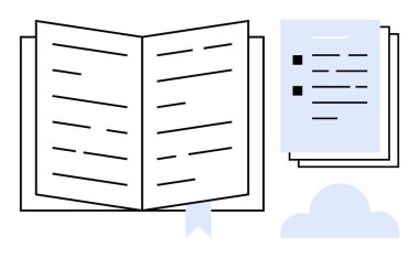 Kitap ayracı, ek belgeler ve bilgiyi, öğrenmeyi, okumayı, organizasyonu, işbirliğini, teknolojiyi ve dijital depoyu sembolize eden bulut şekilli açık bir kitap. Basit düz metafor için ideal