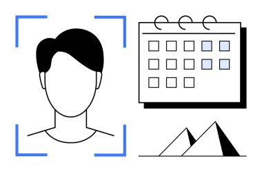 Yüz tanıma tarayıcısında portre, belirli tarihleri vurgulayan takvim ve piramit işaretleri. Teknoloji, biyometri, turizm, yapay zeka, planlama, seyahat organizasyonu için ideal