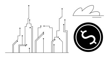 Dijital noktalarla bağlantılı soyut şehir silueti ve Fintech 'i temsil eden bir dolar. Teknoloji, şehir planlama, yenilik, ekonomi, sürdürülebilirlik, yatırımlar, iş için ideal. Basit.