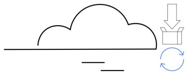 Okları olan çizgi üzerindeki bulut kutu indirme ve güncelleme döngüsünü gösterir. Bulut depolama, veri paylaşımı, dosya transferi, yedekler, yazılım güncellemeleri, teknoloji iş akışı, basit düz metafor
