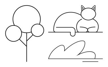 Kedi bir platformda huzur içinde uzanıyor, geometrik ağaç ve çalılık basit çizgilerle temsil ediliyor. Doğa, sükunet, minimalizm, rahatlama, hayvan bakımı, çevre, çağdaş tasarım için idealdir.
