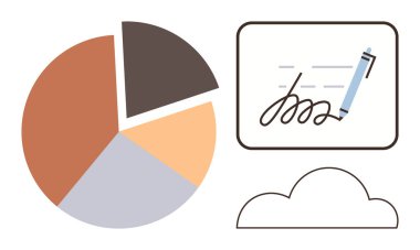 Sektörlü turta grafiği, dokunmatik ekranda dijital imza ve bulut simgesi vurgulama temaları veri analizi, dijital iş akışı, çevrimiçi depolama, teknoloji, ticari işlemler, organizasyon