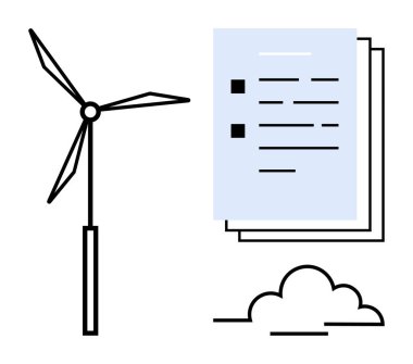 Katmanlı bir belge ve bulutun yanında rüzgar türbini, temiz enerjiyi, çevre dostu politikaları, çevreyi koruma, sürdürülebilir kalkınma, enerji planlaması, yeşil girişimler, basit yassı