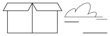 Karton kutuyu, içinde hareket veya veri akışı olan çizgiler olan bir bulutun yanında aç. Lojistik, dağıtım, depolama, yaratıcılık, hayal gücü, yenilik, teknoloji kavramları için idealdir. Basit düz metafor