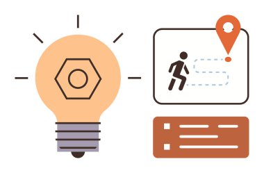 Ampul, bir yol haritasının yanında ışık saçıyor ve bir insan simgesi nokta işaretine doğru ilerliyor. Yenilik, ilerleme, strateji, planlama, yaratıcılık, rehberlik, başlangıç başarısı için ideal