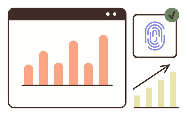 График панели внутри окна браузера, значок проверки подлинности отпечатков пальцев с галочкой, диаграмма роста вверх. Идеально подходит для анализа данных, безопасности, аутентификации, метрии роста, бизнес-анализа, тенденций