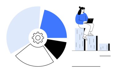 Kadın, ortasında dişli simgesi olan segmentli pasta grafiğinin yanında dizüstü bilgisayarla bar grafiğinde oturuyor. Veri analizi, teknoloji, strateji, iş akışı, raporlama, iş verimliliği için ideal. Basit düz