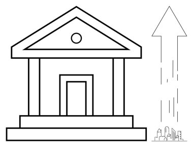 Sütunlarla klasik hükümet binası cephesi, büyümeyi, ilerlemeyi, şehirleşmeyi ve küçük şehir illüstrasyonunu sembolize eden ok. Ekonomi, ilerleme, kalkınma, kentsel planlama politikaları için ideal