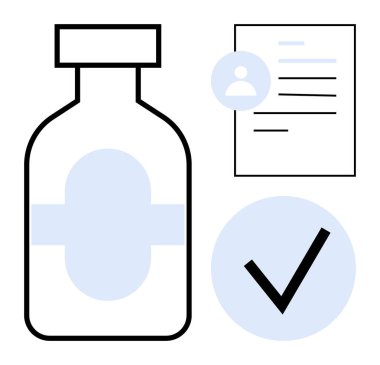 Aşı şişesi, kullanıcı profili ve doğrulamayı işaret eden işaretli belge yanında. Sağlık, ilaç, aşı sertifikası, onay süreci, tıbbi kayıtlar, uyum, doğru