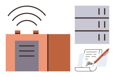 Sunucu yığını, kablosuz sinyaller ve veri depolama, kablosuz bağlantı ve güvenli anlaşmaları temsil eden imzalı belgeler. İş, teknoloji, finans, iletişim sözleşmeleri için ideal